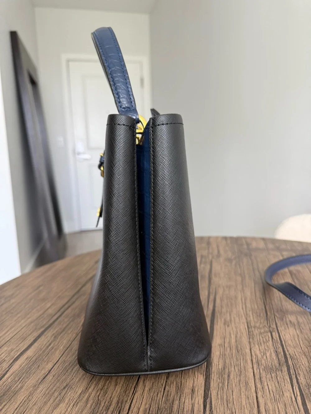 Prada Black Saffiano Leather Bucket Satchel with Navy Trim - Picture 7 of 9